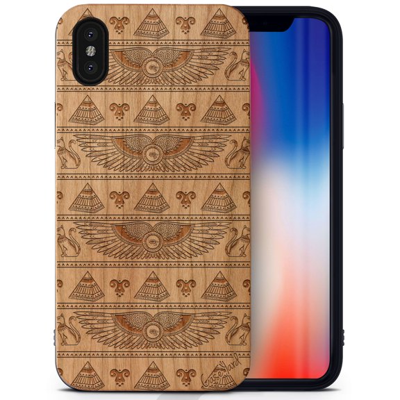 Case Yard Wooden Case Outside Soft TPU Silicone, Slim Fit Shockproof Wood Protective Phone Cover for Girls Boys Men and Women, Supports Wireless Charging Pyramids Pattern Design case for iPhone-X