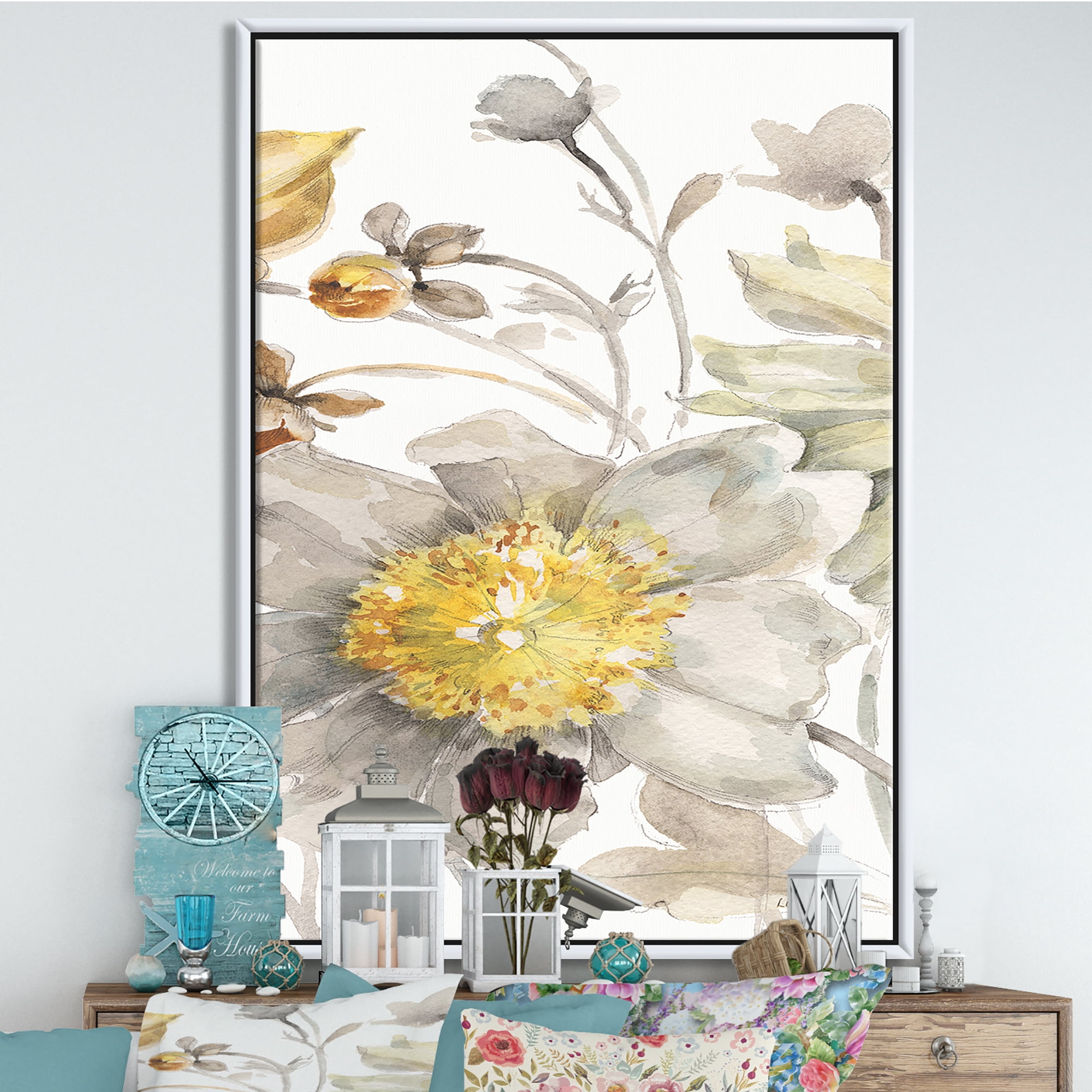 Designart ' Fields of Gold Watercolor Flower III ' Cabin & Lodge Framed Canvas