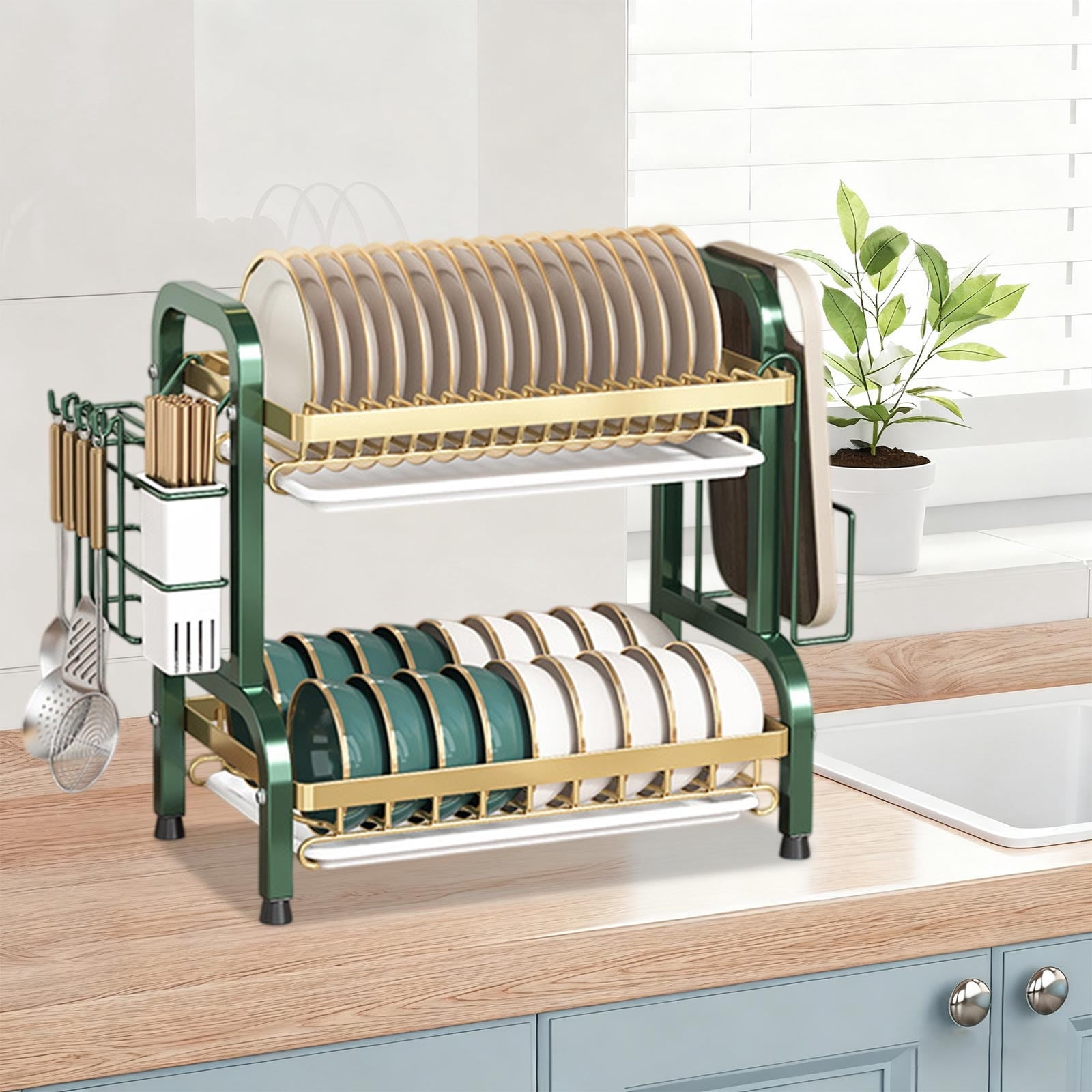 Bxaolu 2-Tier Dish Drying Rack - Stainless Steel Dish Rack with Cutlery & Utensil Holders for Kitchen Countertop, Sink Organization and Storage Essentials, Home Decor, Green