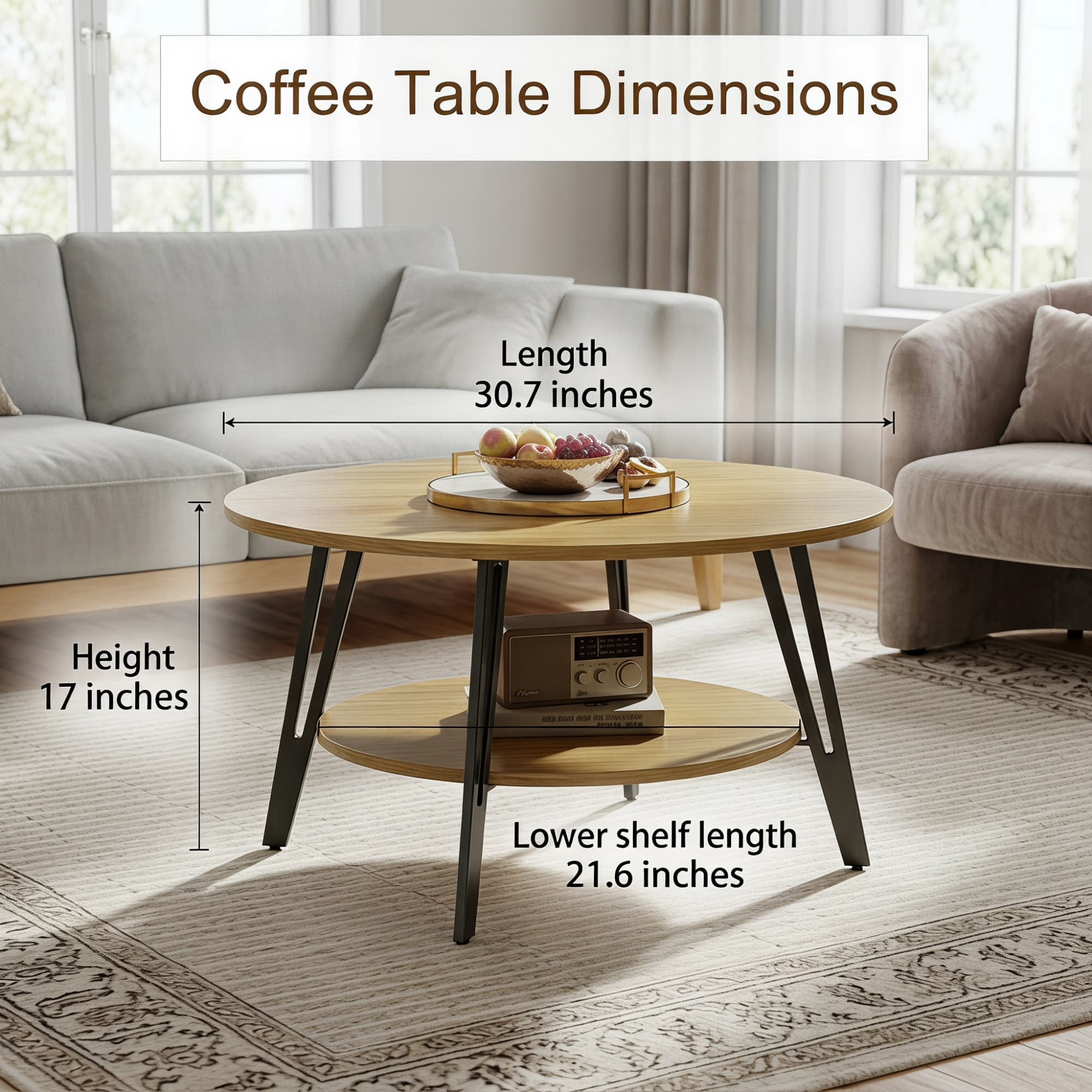 Manxile Round Coffee Table, 2 Tier Coffee Table with Storage for Living Room, Small Space & Apartment, Natural Oak