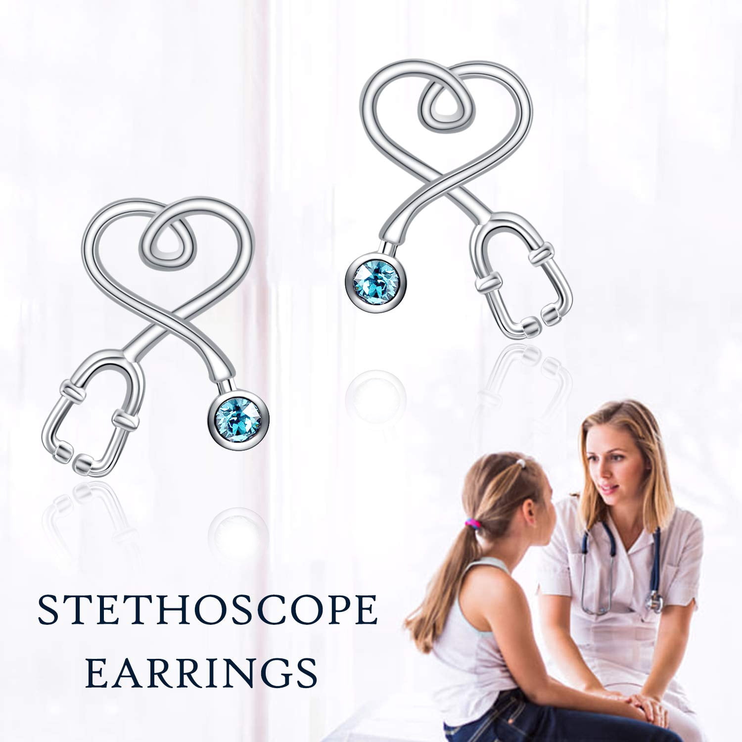 AOBOCO Mother Day Gifts Sterling Silver Stethoscope Earrings Simulated Birthstone Crystals, Gifts for Women Nurse Medical Student