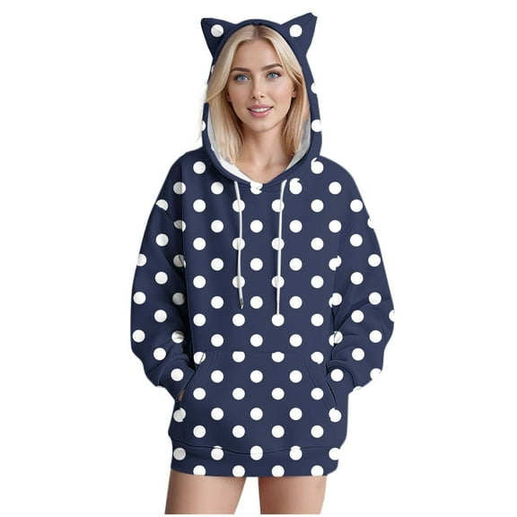 Womens Hooded Sweatshirts Polka Dot Cute Cat's Ears Casual Long Sleeved Loose Hooded Pullover Sweatshirts Navy S