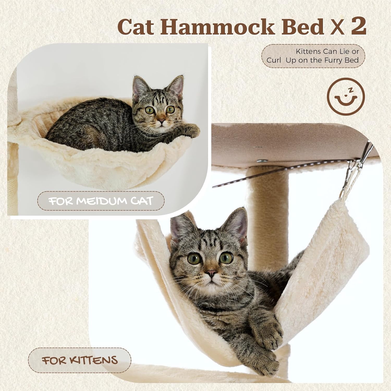 PETEPELA Floor to Ceiling Cat Tree, 92.9''-101.6''Height Adjustable Cat Tower Tall Cat Climbing Play House, Cozy Condo, Scratching Post and Spacious Hammock for Indoor Cats Large Adult, Beige