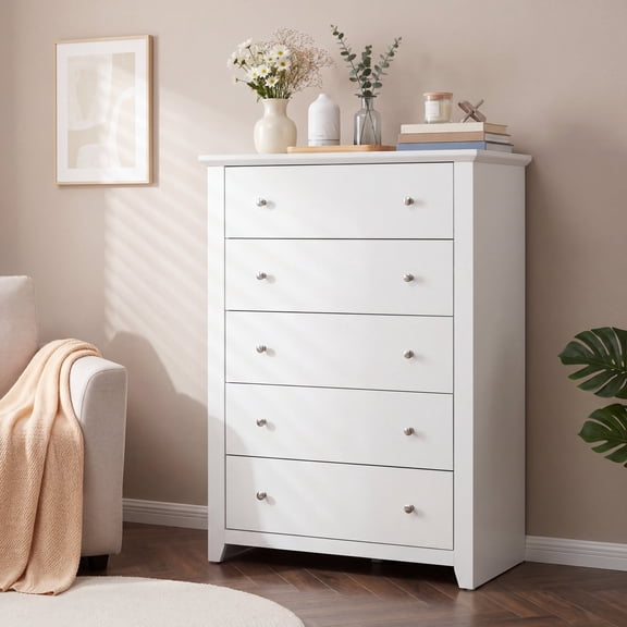 TrumanPick White Dresser for Bedroom with 5 Drawers 47" Tall Chest of Drawers Wooden Dressers for Living Room Closet 31"D x 17"W