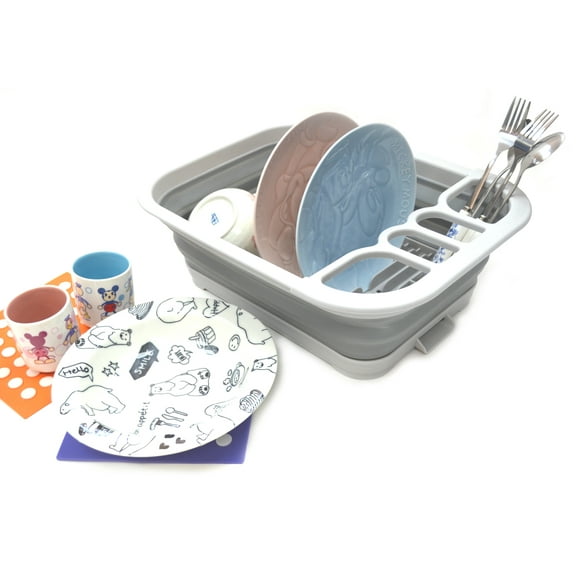 SAMMART Collapsible Dish Drainer with Drainer Board - Foldable Drying Rack Set - Portable Dinnerware Organizer - Space Saving Kitchen Storage Tray