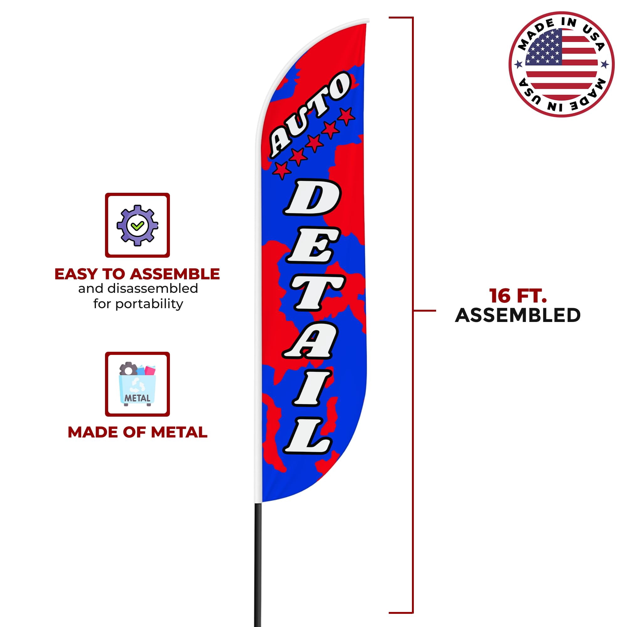 Auto Detail Sign feather flag Pole kit for Outdoor by Mavis Printing | 15 FEET Long Polyester Outdoor Banner Flag Pole Mount Easy Hang | HD Print Swooper Flag to Advertise Car Business