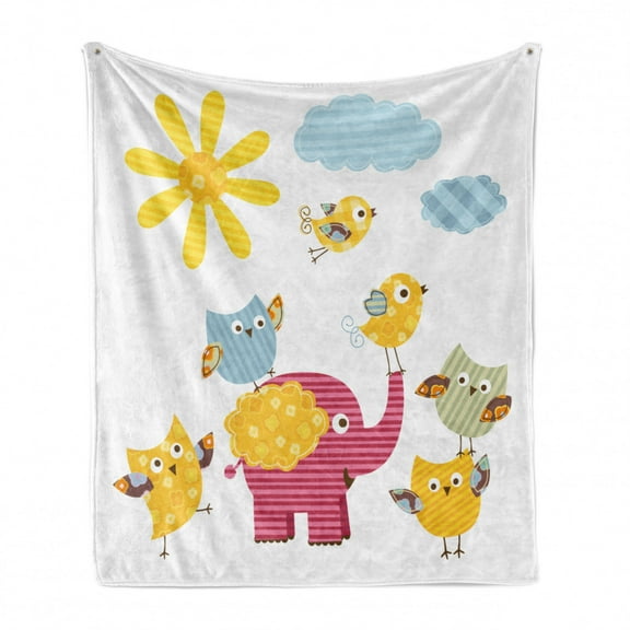 Cartoon Soft Flannel Fleece Throw Blanket, Happy Animals Colorful Design Sun Clouds Birds and Owls, Cozy Plush for Indoor and Outdoor Use, 70" x 90", Marigold Pink Baby Blue, by Ambesonne