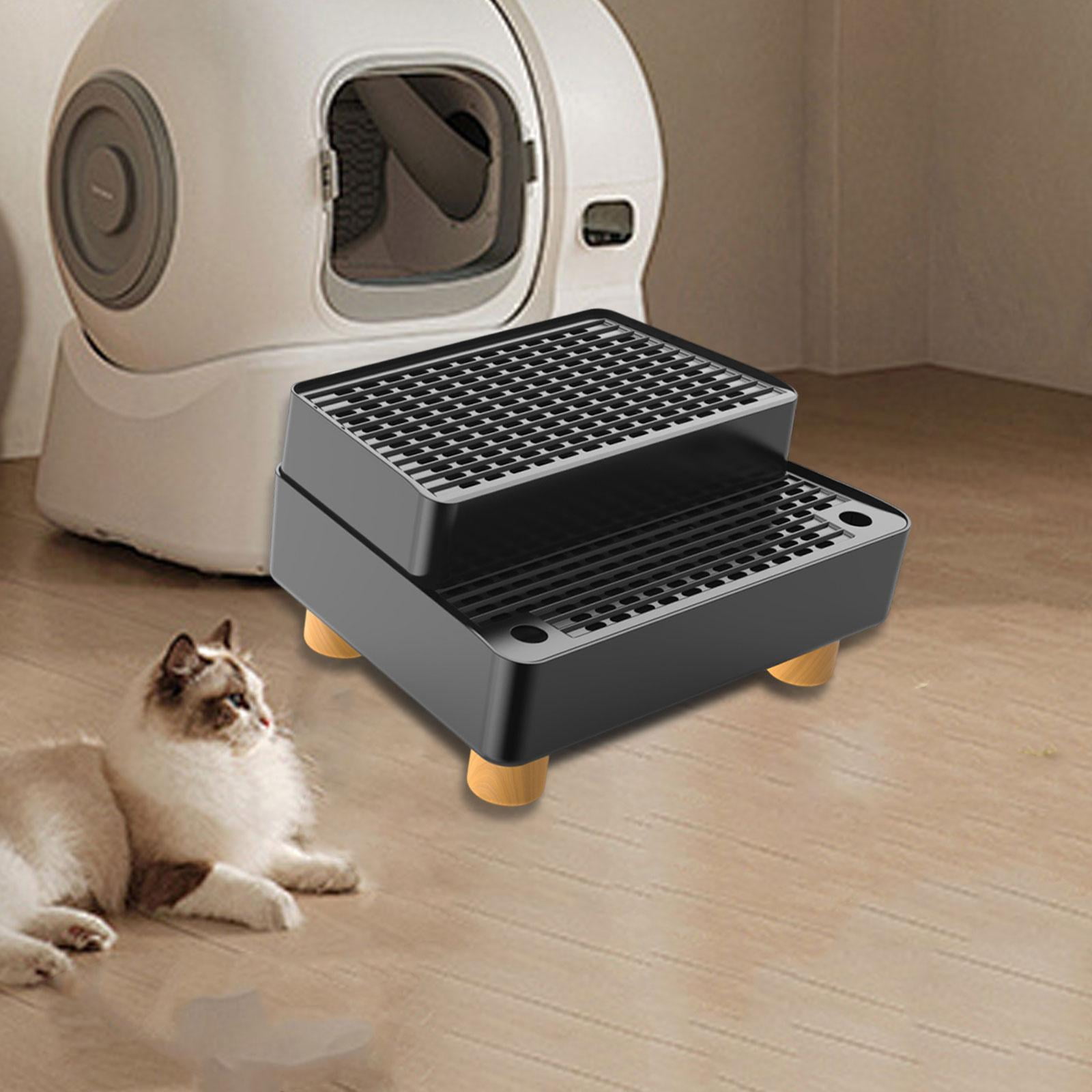 Fzaqwen Automatic Cat Litter Box Ramp 2 Steps Waterproof Pad Mat with Non Slip Feet Leakproof Cat Litter Stair for Small Elderly Cats Black