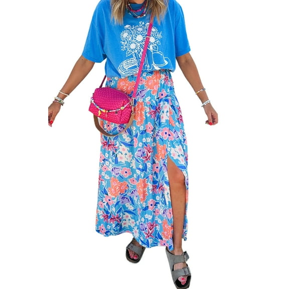 Women's Sky Blue Floral Printed High Waist Split Wrap Maxi Skirt | [ZhiHiMeRi] | (US 12-14)L
