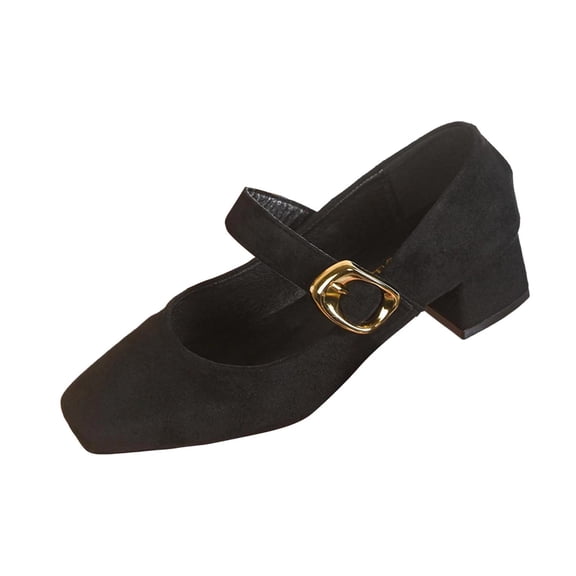 Womens Square Toe Mary Jane Block Heel Pumps, Comfortable Low Chunky Heel Dress Shoes, Gold Buckle Adjustable Strap, Black,Size 6