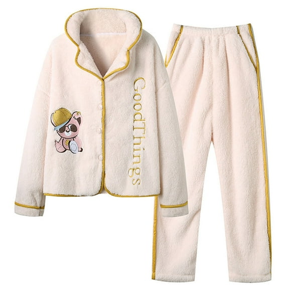 Wancir Women's Solid Color Thick Warm Long Sleeves Top Pants Pajama Sets