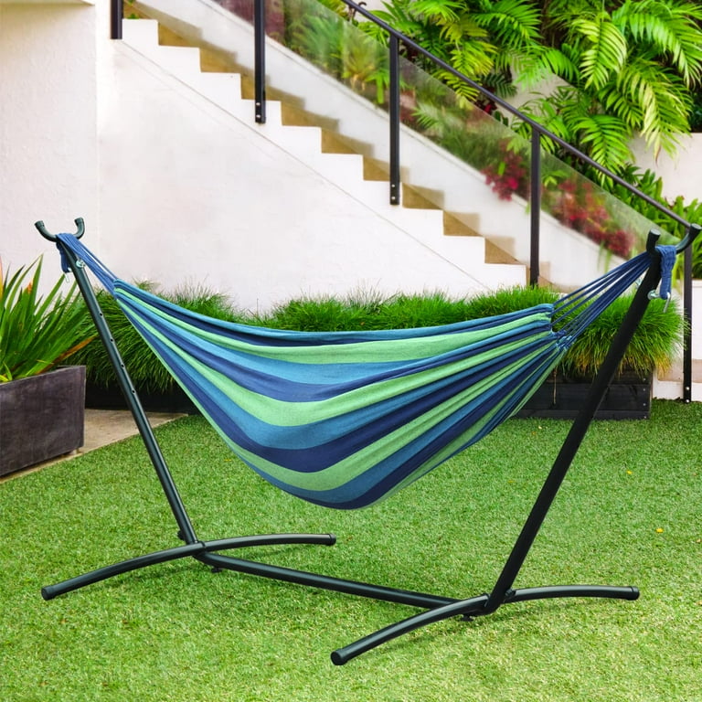 Camping Hammock with Stand 300lbs Hammock Stand for Indoor Outdoor Heavy Duty Steel Stand 2 Person Brazilian Hammock Chair Stand w Carrying Case Included for Beach Backyard Patio Portable Hammock Wal...
