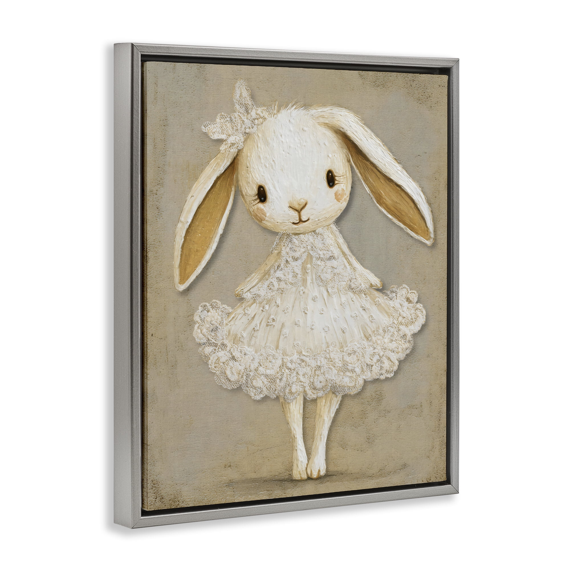 Stupell Industries Ballerina Bunny in Lace Dress Gray Framed Floater Canvas Wall Art, design by Ink Drop Loft