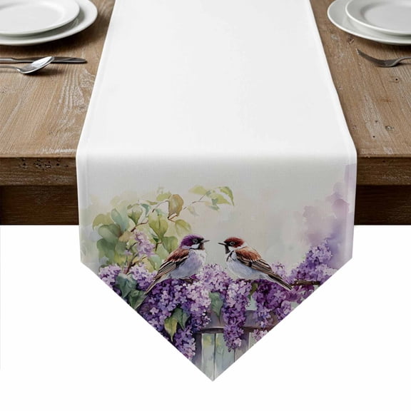 Purple Lavender Table Runner Linen Burlap Table Runner 72 Inches Long Wildflower Garden Floral Motifs Birds Dresser Scarves for Kitchen Island Coffee Dining Room Party Wedding Holiday Decor 14"x72"