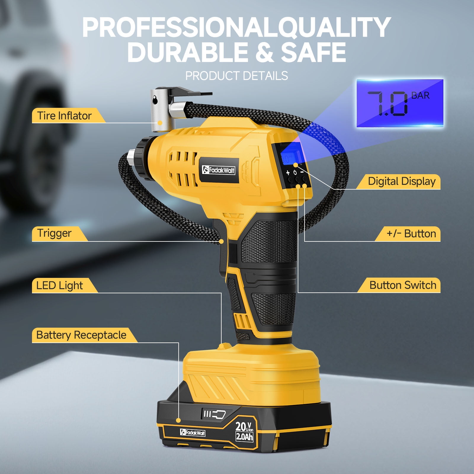 FADAKWALT Tire Inflator Portable Air Compressor, 20V Cordless Car Tire Pump, 160PSI Handheld Electric Air Pump with Rechargeable Battery, Auto Shutoff & Digital Gauge for Cars & Motorcycles(Yellow）