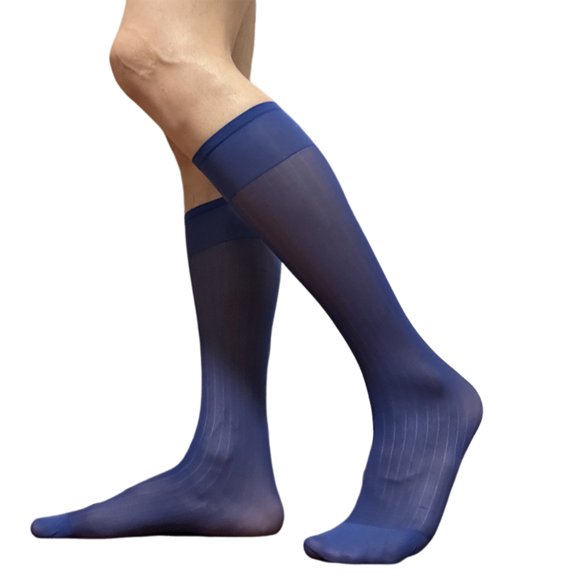 URTERYSER Mens Nylon Sheer Suit Socks Business Dress Socks Elastic Wide Striped See Through Formal Dress Over the Calf Stockings Royal Blue
