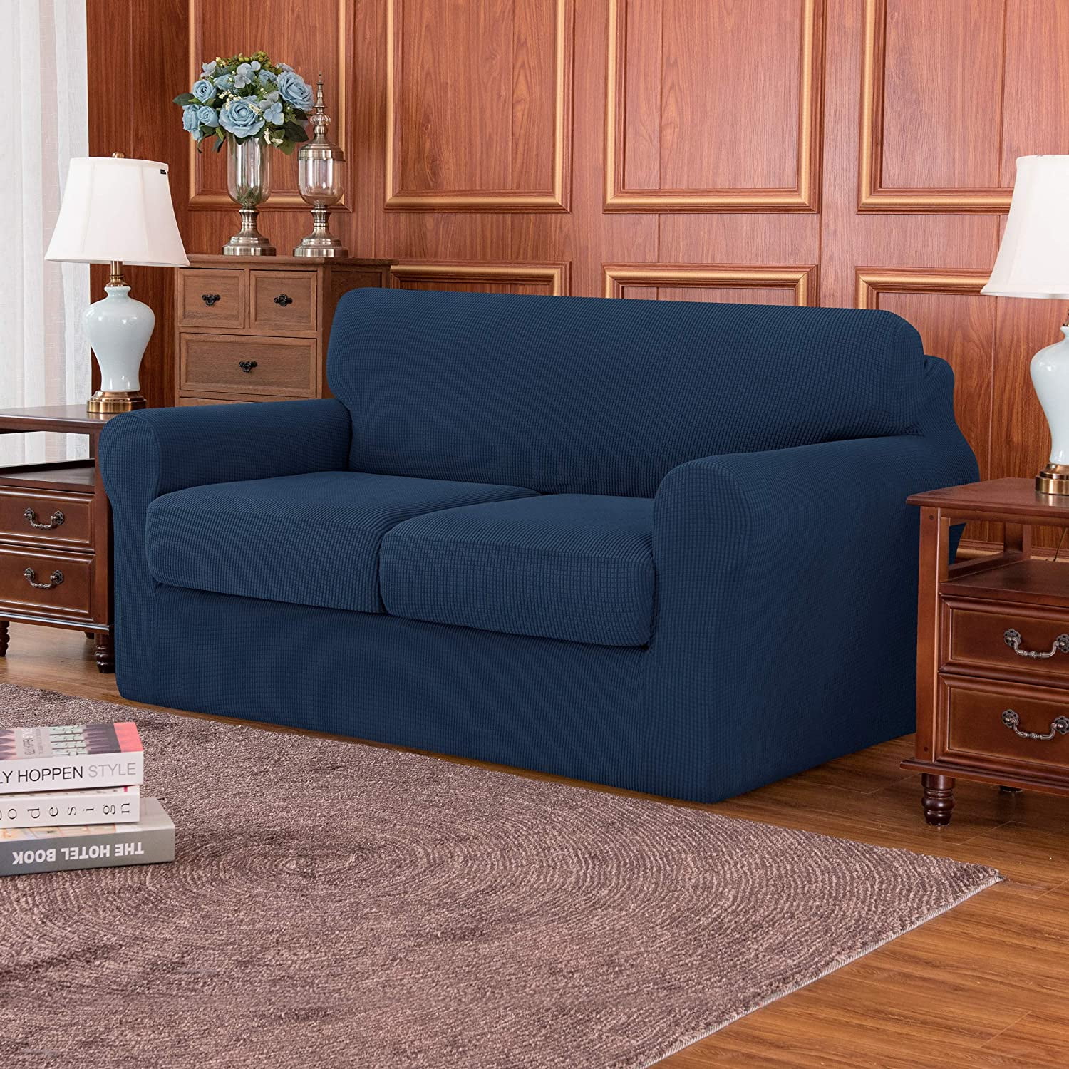Subrtex 2-Piece High Spandex Textured Grid Sofa Slipcover,Separate Cushion Cover(Navy, Loveseat)