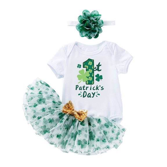 Toddler Outfits For Girls St. Patrick'S Day Kids Short Sleeve Crew Neck Printed Bodysuit Skirt And Headband 3 Piece Set A 3 Months-6 Months