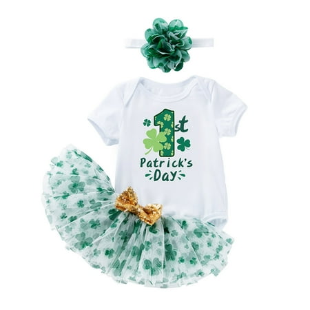 

simu Valentines Day Girls Outfits Baby Girls Cotton Print Autumn St. Patric.k s Day Short Sleeve Romper Bodysuit Skirts Headbands Outfits Clothes for Birthday Wedding