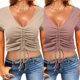thumbnail image 3 of Women Summer Short Sleeve Sexy V-Neck T-Shirt Ribbed Knitted Solid Color Ruched Drawstring Front Slim Fit Crop Tee Top XL White, 3 of 4