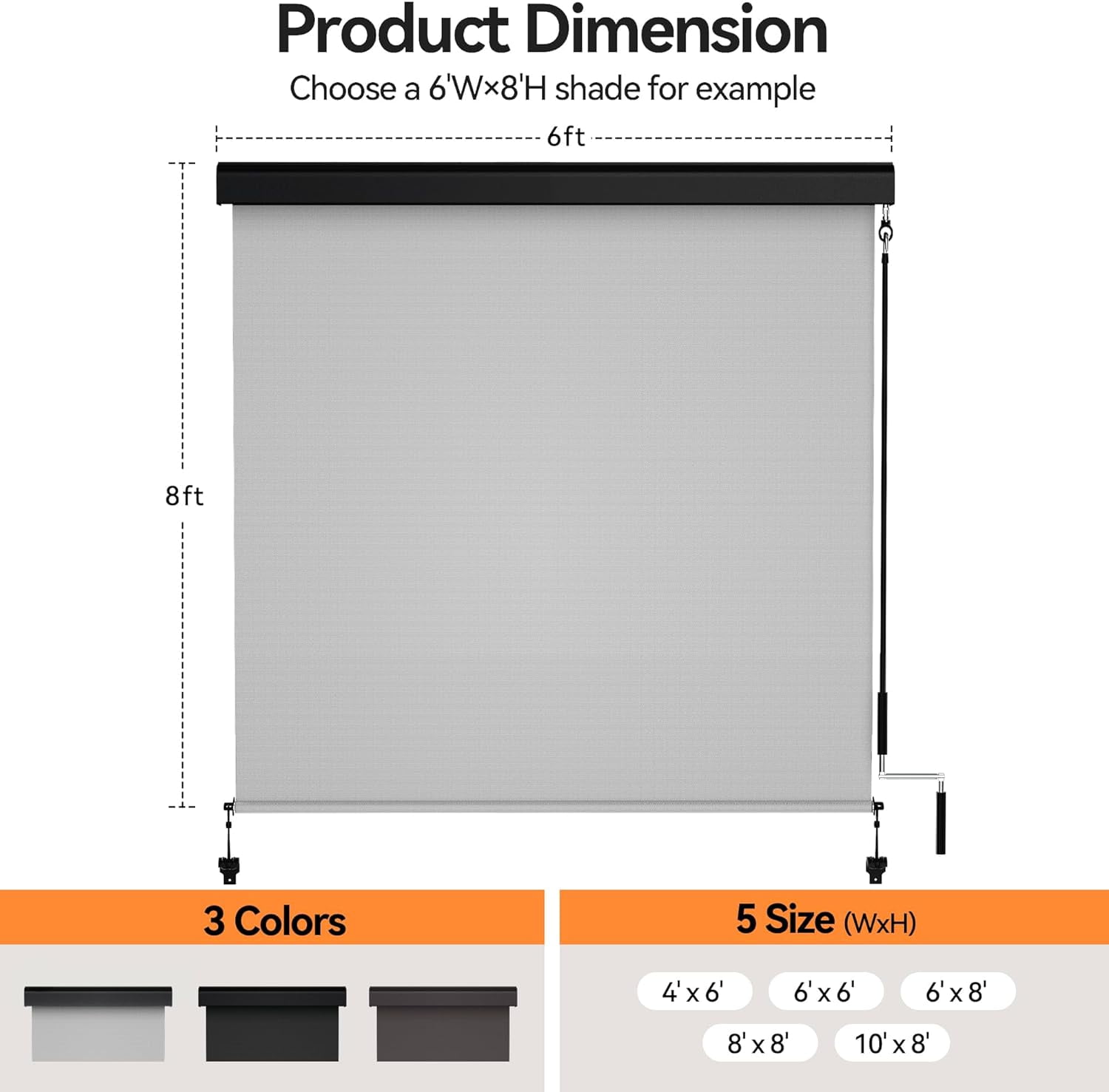 Superjoe Outdoor Roller Shades with 95% UV Blockout, 6'W x 8'H Exterior Cordless Patio Shades Roll Up Outdoor Blinds for Porch Gazebo, Blockout Waterproof Protect Privacy, Grey