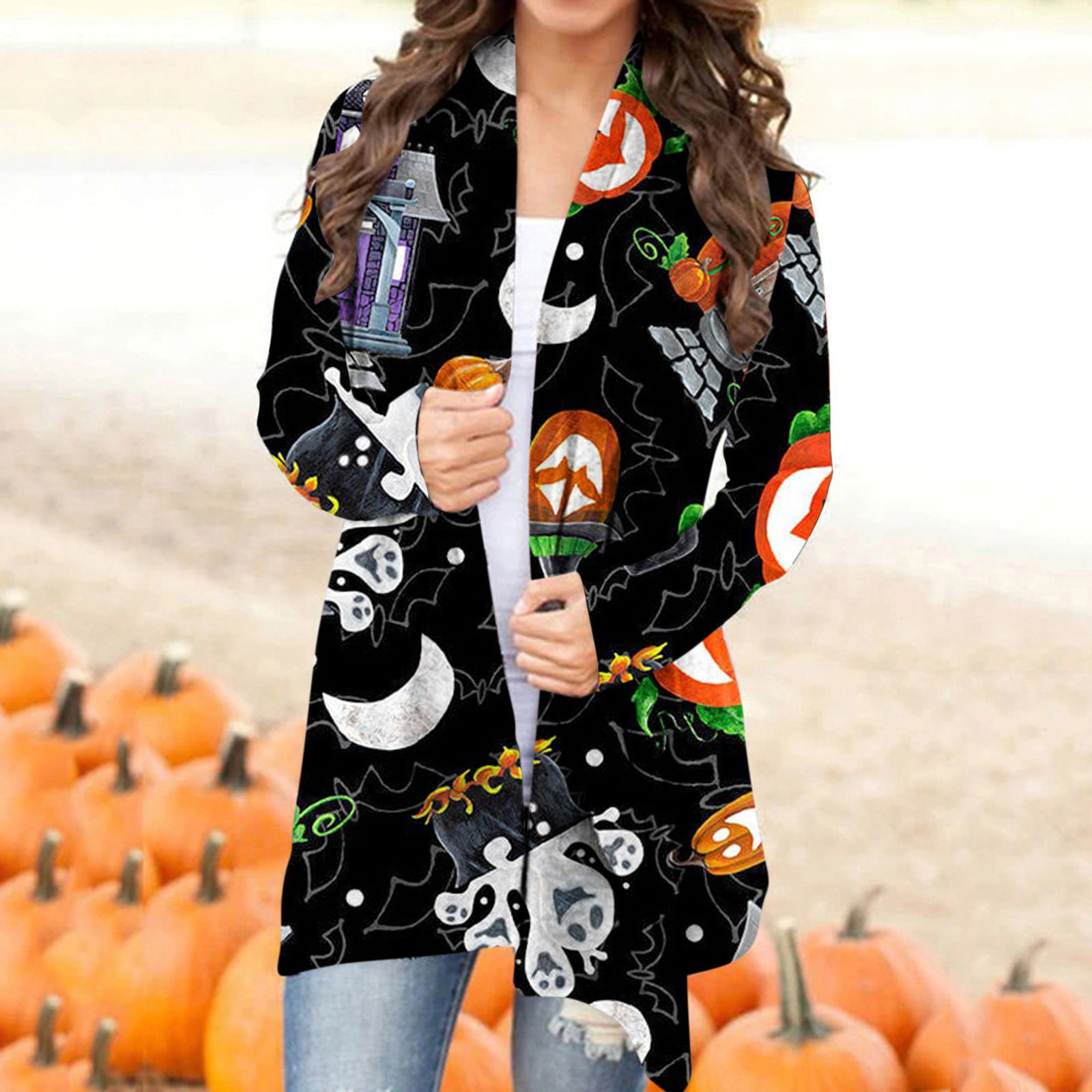 Halloween Animal Cat Pumpkin Print Cardigan for Womens Fashion Autumn Coat Long Sleeve Blouse Long Tunic Tops