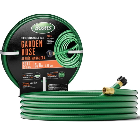 Scotts 50 ft. Light Duty Garden Hose – 5/8 in. Diameter, 3-Ply Construction, 200 PSI, High-Pressure, Easy-to-Coil Water Hose with Crush-Resistant Couplings, Easy to Connect for Lawn and Garden Use