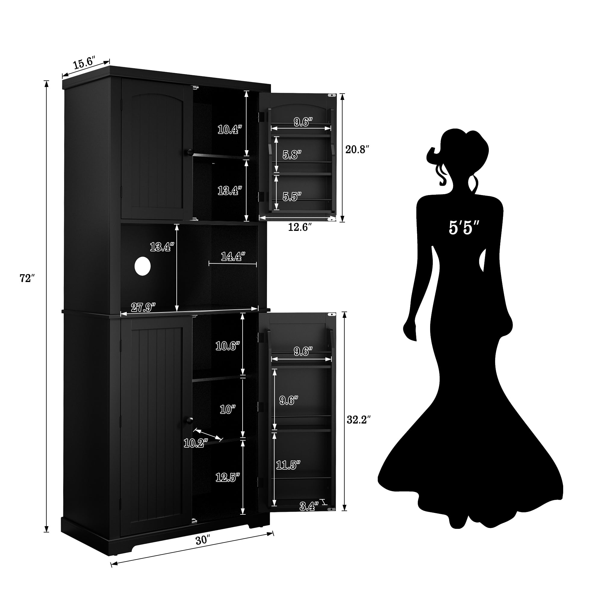 HLR 72" Kitchen Pantry Cabinet, Freestanding Pantry Storage Cabinet with Hutch & Shelves, Black