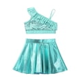 thumbnail image 3 of TiaoBug Kids Girls 2-Piece Jazz Hip Hop Dance Costume Sequins Ruffle Shoulder Straps Crop Tops with Metallic Skirt Set Lake Green 6, 3 of 7