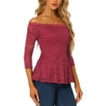 thumbnail image 4 of Allegra K Women's Floral Lace Off the Shoulder Sheer 3/4 Sleeve Peplum Blouse Top M Burgundy, 4 of 6