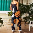 thumbnail image 4 of Halloween Overalls for Women Floral Print Linen Jumpsuit Wide Leg Spaghetti strap Rompers Pants with pockets, 4 of 7