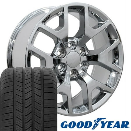 20x9 Wheels & Tires Fit GM Truck & SUV - GMC Sierra 1500 Style Chrome Rims with Goodyear Tires, Hollander 5656 -