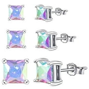 EVELYNI Sterling Silver with 14K White Gold Plated Square Studs Rainbow Minimalist Earrings Set Hypoallergenic Colorful Crystal Earring for Sensitive Ears, Birthday Gifts for Women Men Teens Girls Kids