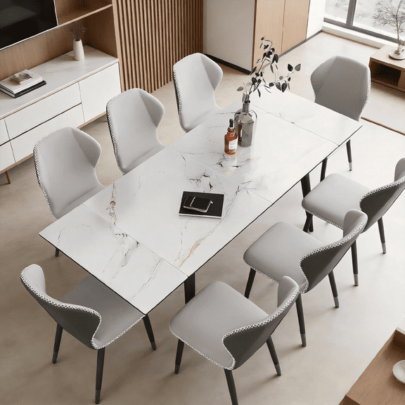 ChVans 55"- 79" Large Extendable Dining Table for 6-8 Person, Modern Rectangular Dining Table with White Marble Sintered Stone Table Top and Metal Legs for Kitchen Dining Living Room, White Marble