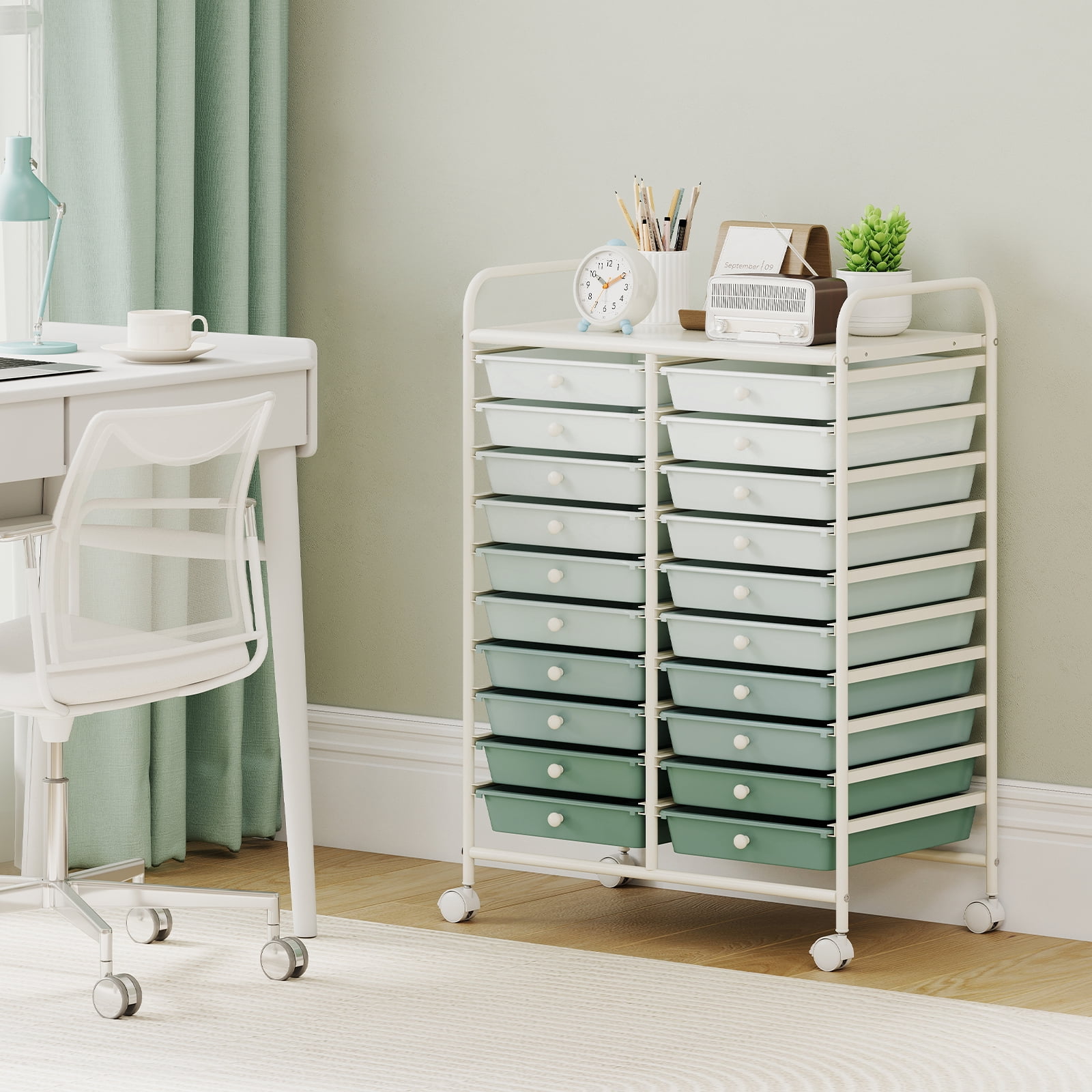 Costway 20-Drawer Rolling Art & Craft Storage Cart with Removable Drawers & Metal Frame,Lockable Wheels Gradient Green