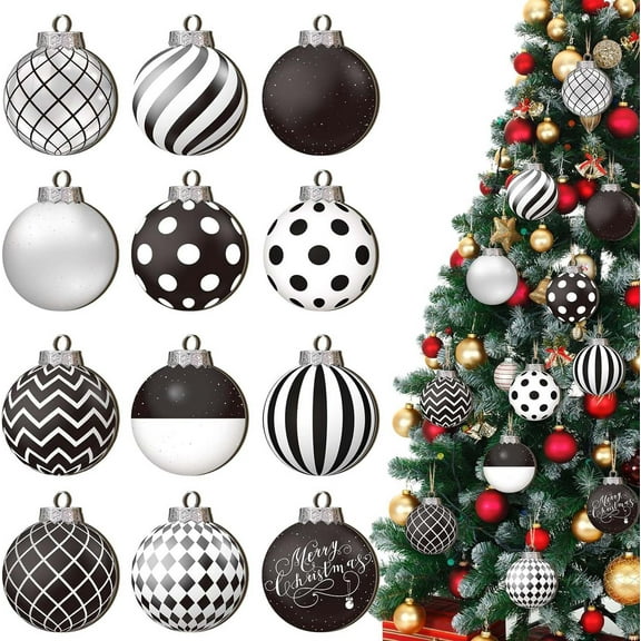 Christmas Savings! 12 Pieces Christmas Polka Dot Ornaments Black and White Winter Balls Farmhouse Christmas Ball Ornaments Black and White Checkered Ball Ornament for Holidays Party Tree Decoration