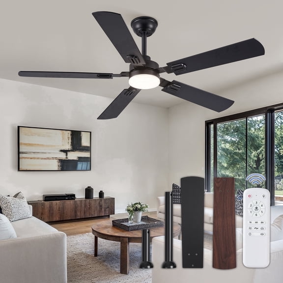 Zardon 52" Modern Black Ceiling Fan with Light and Remote Control, Ultra-Quiet DC Motor, Bright LED Light, 6-Speed, Timer for Bedroom, Living Room
