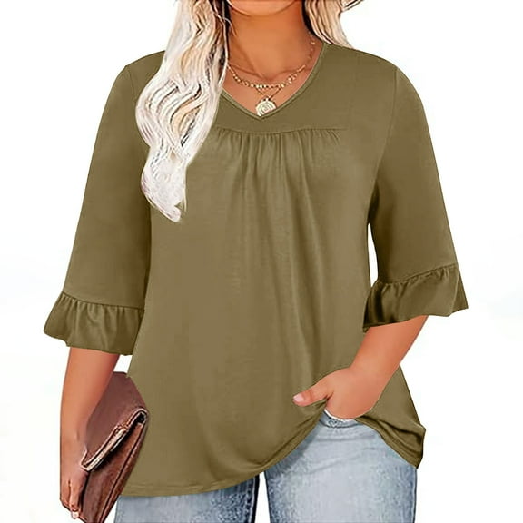 Titcea 3/4 Length Sleeve Womens Tops Plus Size V Neck Solid Color Sexy Pleated T Shirts Summer Casual Tees