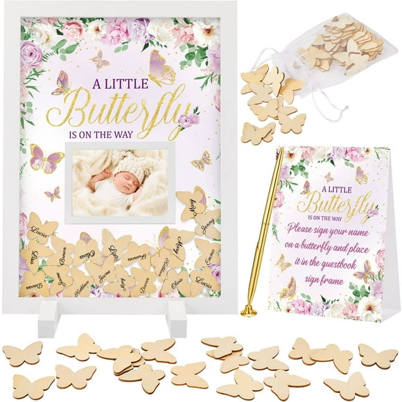 65 Pcs Baby Shower Guest Book Alternative Baby Shower Favors Baby Shower Sign in Guest Book 60 Pcs Wood Heart Baby Shower Decors Picture Frame for Birthday(Butterfly)
