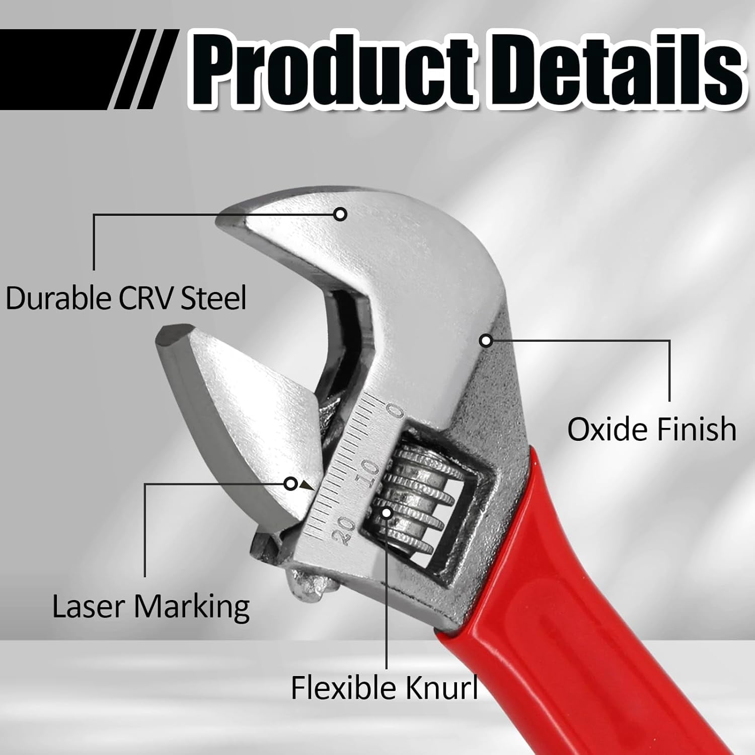 MKEUDQ-8 Inch Adjustable Wrench, Wide Jaw Black Oxide Wrench, Cr-V Steel with Cushion Grip, Metric & SAE Scales for Workshop, Home, Garage and Professionals