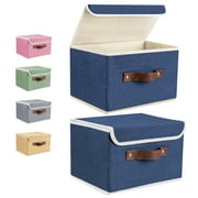 ANMINY Foldable Fabric Storage Bin With Handle Lid Large Collapsible Box Basket For Home Organizer, 2 Packs, Blue