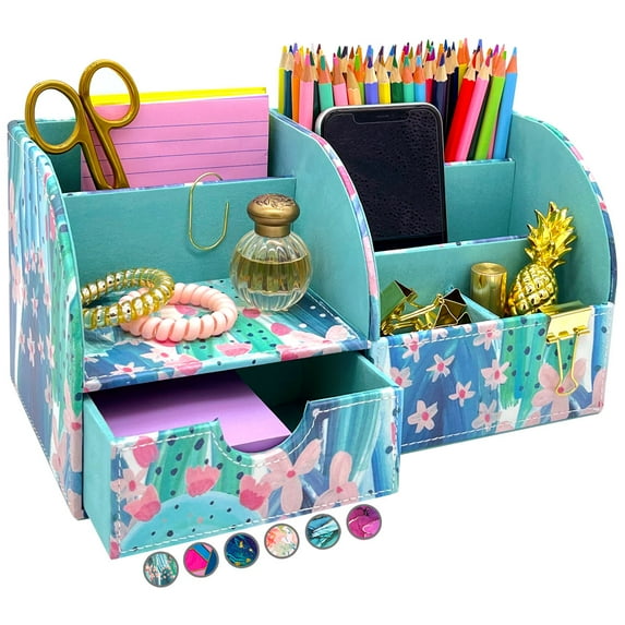 French KOKO Large PU Leather Desk Organizer Pen Holder Office Accessories Women Kids Girls Work School Supplies - Cute Cactus