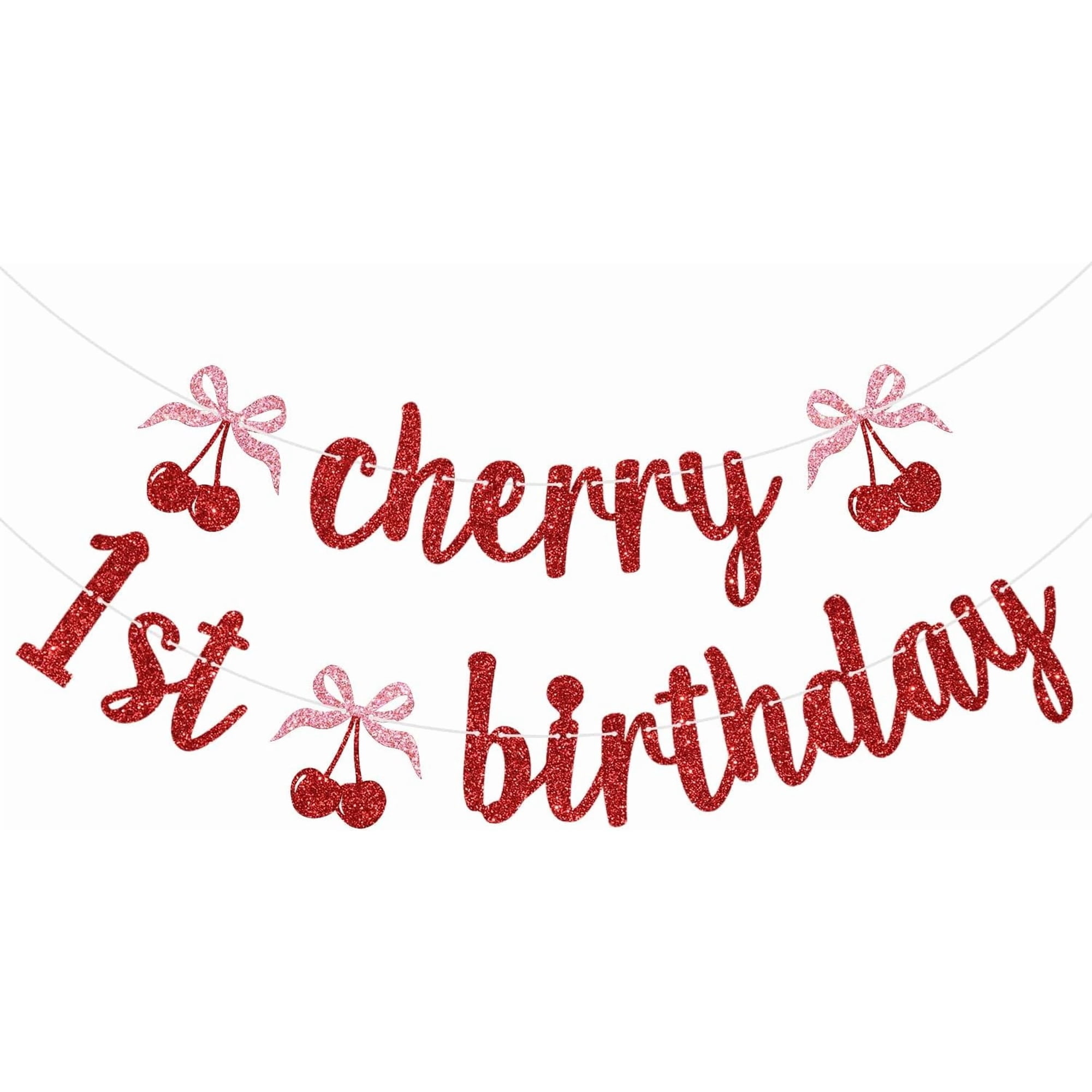 Cherry 1st Birthday Banner Cherry Sweet One Decoration Cherries Bow Fruit Theme Baby First Birthday Party Decoration Supplies Red & Pink Glitter