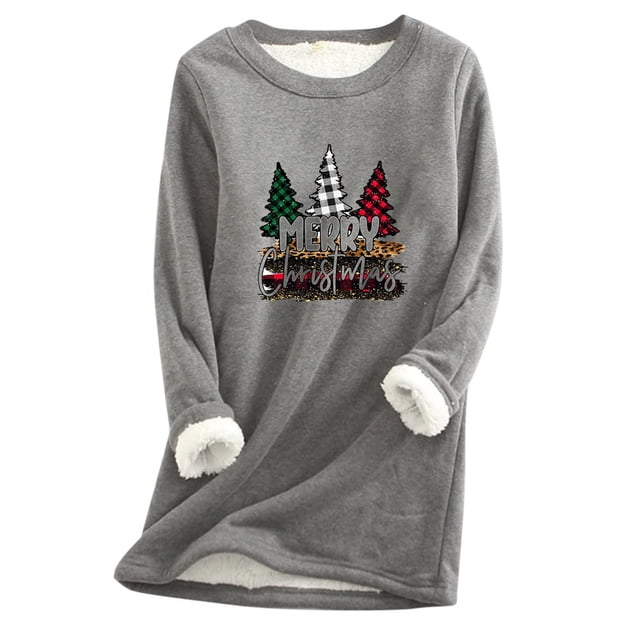Qertyioot Plus Size Tops pour les Femmes, la Mode des Femmes Impression de Noël Peluche vers le Bas Isolation Manches Régulières Winter Manches Lâches