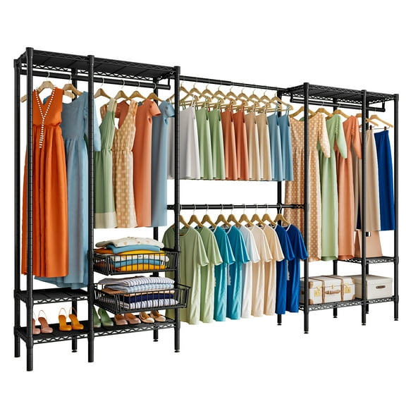 Untyo Clothes Rack Heavy Duty, Metal Clothing Racks for Hanging Clothes, Garment Rack with 4 Hang Rods & 6 Shelves & 2 Pull-Out Storage Baskets, Adjustable Closet Rack