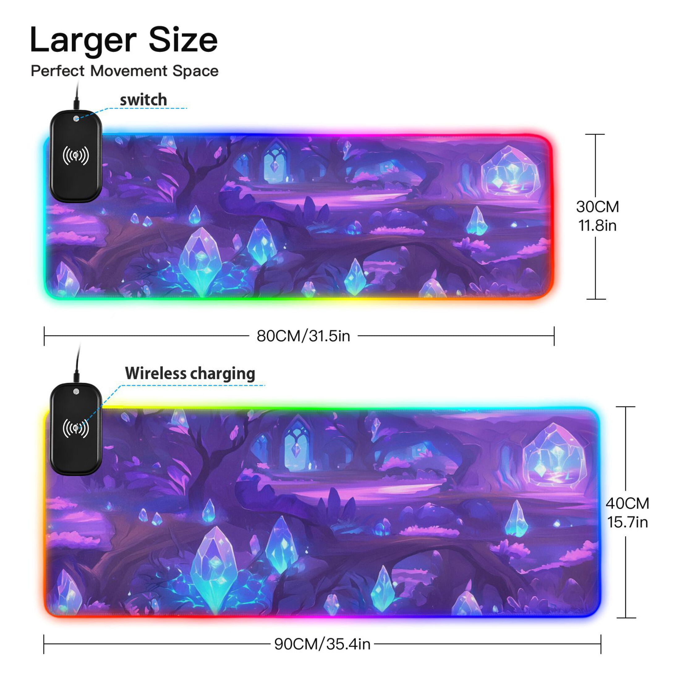 Purple Crystal Forest Large RGB Gaming Mouse Pad with Fast Wireless Charging, 31.5''x11.8''