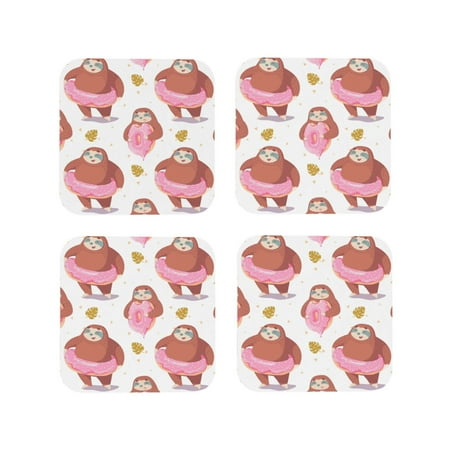 

Leather Coasters Set of 4 - Sloth with Donuts1 Lightweight Non-Slip Drink Coasters for Desk Anti-Scalding Desk Cup Coasters for Office Table Decor Square