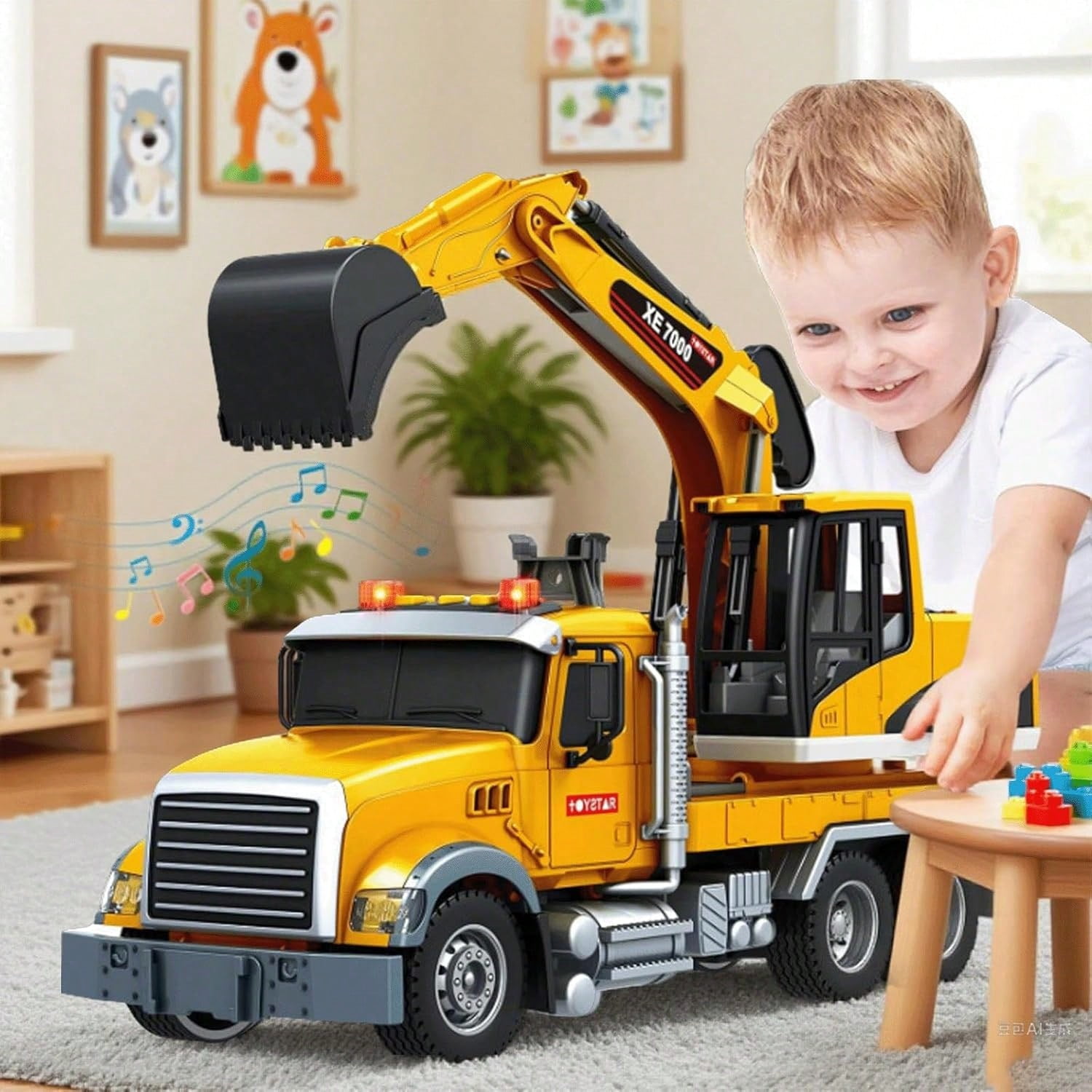 Large Crane Truck Toy for 3+ Years Old Boys Girls, Kids Construction Toys with Sound and Light Friction Powered Transport Truck Crane Vehicle Toy for Toddler Christmas Birthday Gifts