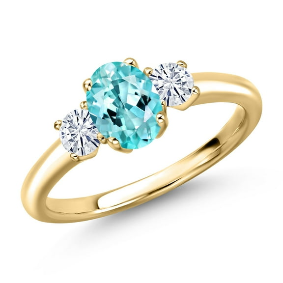 Gem Stone King 10K Yellow Gold Blue Apatite and White Moissanite Engagement Ring for Women | 1.14 Cttw | Oval 7X5MM | Gemstone Birthstone | Size 8
