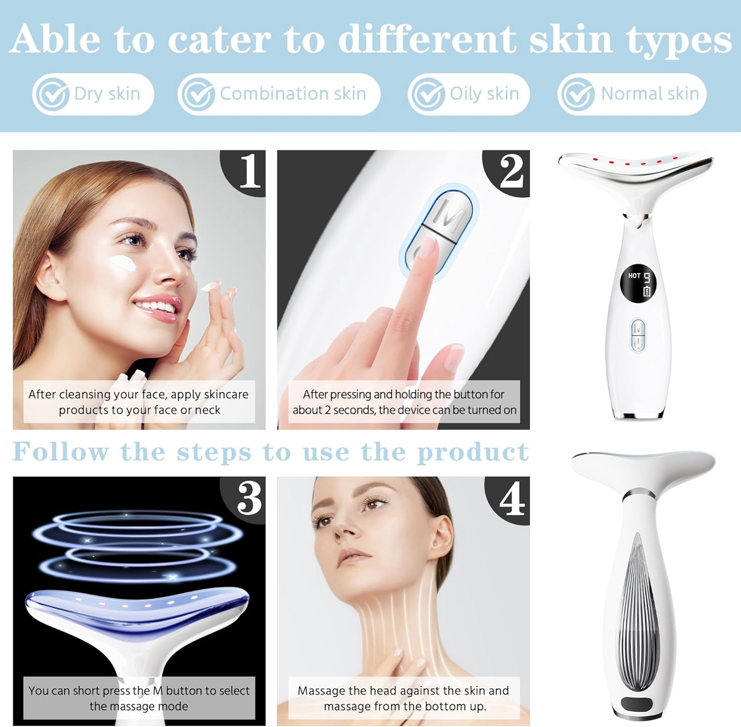 Face and Neck Beauty Massage Wand, 3 Modes - 9 Vibration Frequencies - LED - Heating, 3-in-1 Facial Sculptor for Skin Care at Home Therapy Face Massager Tool for Skin Tightening and Lifting